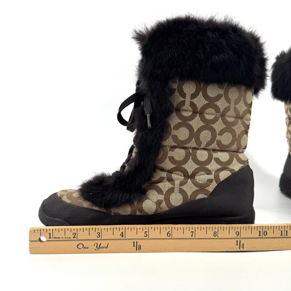 COACH Jennie Vintage Boots Women 10 Khaki Brown Logo Faux Fur Winter Snow Luxury